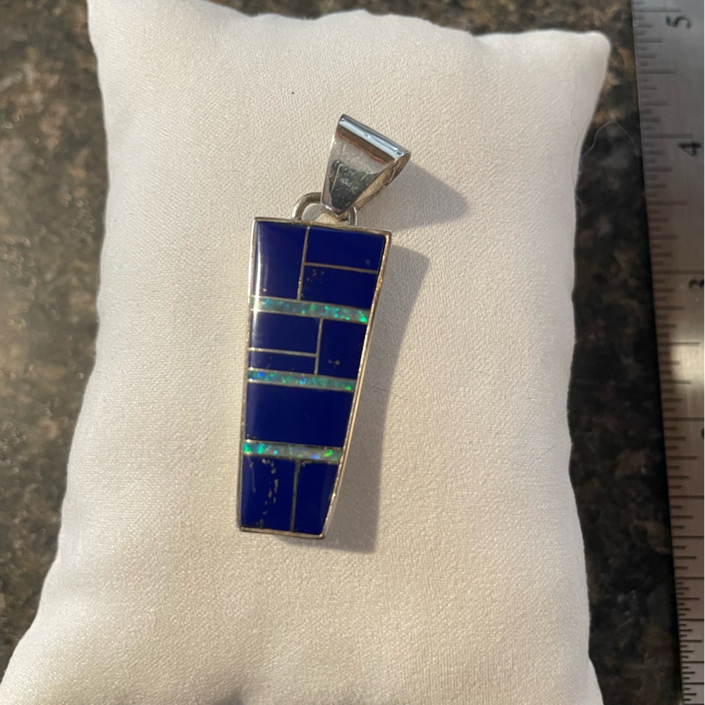 Native American Made Blue Lapis Inlay Sterling Silver Pendant